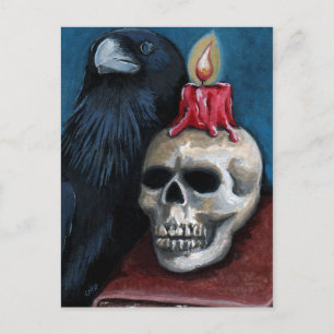 Postal Raven de Halloween, pintura de cráneo y velas