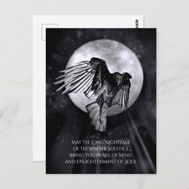 Postal Raven del solsticio de invierno o Crow y Moon Yule (Anverso / Reverso)