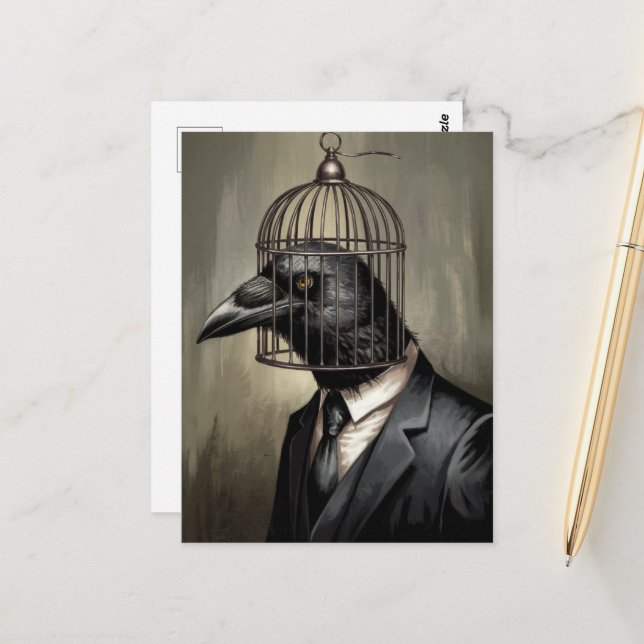 Postal Raven divertida en un traje de negocios con cabeza (Anverso/Reverso In Situ)