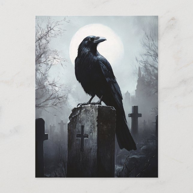 Postal Raven en el cementerio gótico (Anverso)