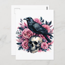 Postal Raven En El Cráneo Con Rosas Rosa Rosa, Arte Acuát