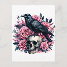Postal Raven En El Cráneo Con Rosas Rosa Rosa, Arte Acuát