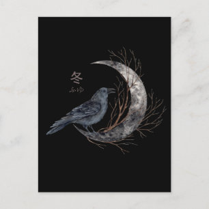 Postal Raven en luna creciente con el kanji invernal