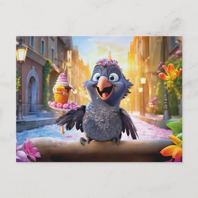 Postal Raven Enjoying Ice Cream In Sunny City (Anverso)