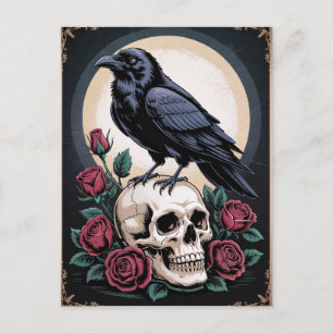 Postal Raven gótico con calavera y Rosas desahuciados