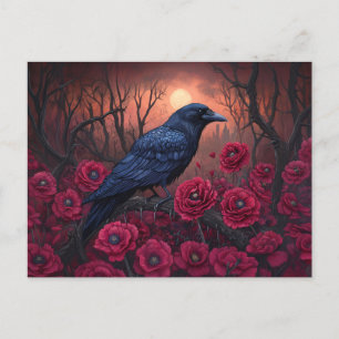 Postal Raven gótico con lapachos rojos oscuros