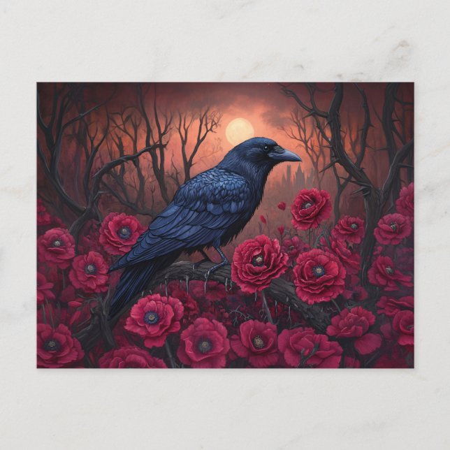 Postal Raven gótico con lapachos rojos oscuros (Anverso)