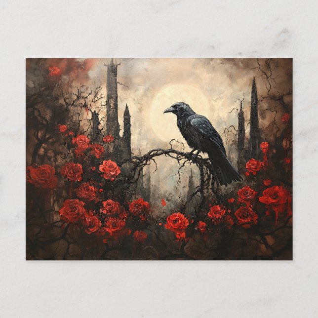 Postal Raven gótico con rosas rojas oscuras (Anverso)