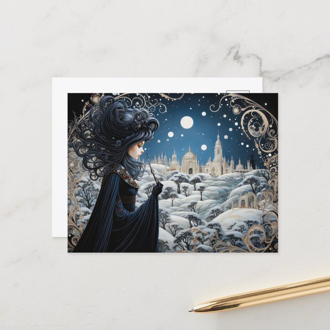Postal Raven-Haired Nouveau Witch (Fantasy postcard of beautiful witch done in the art noveau style.)
