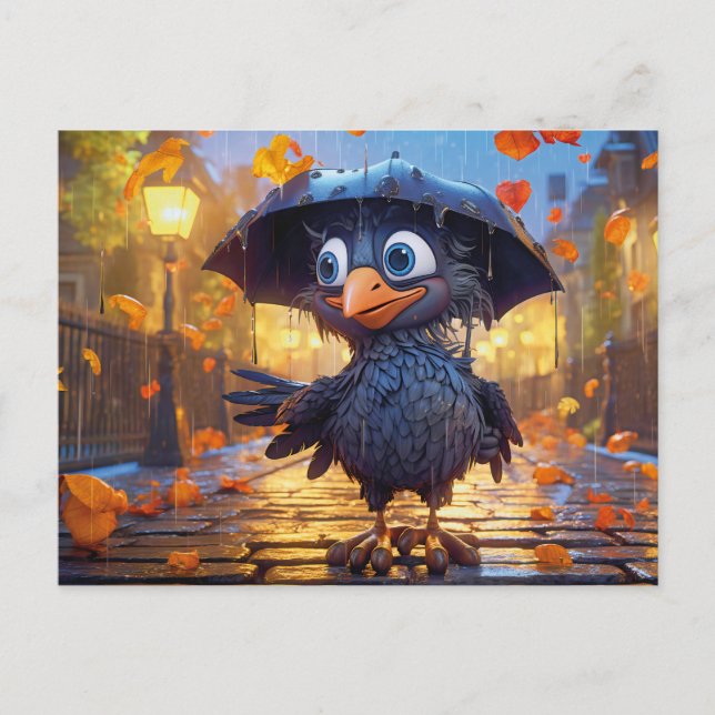 Postal Raven In Rainy Autumn Street With Umbrella (Anverso)
