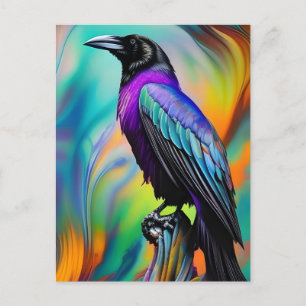 Postal Raven morado, fondo de luces del norte