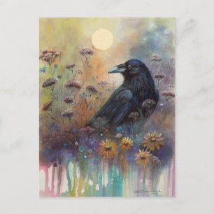 Postal Raven pintado a mano con flores silvestres