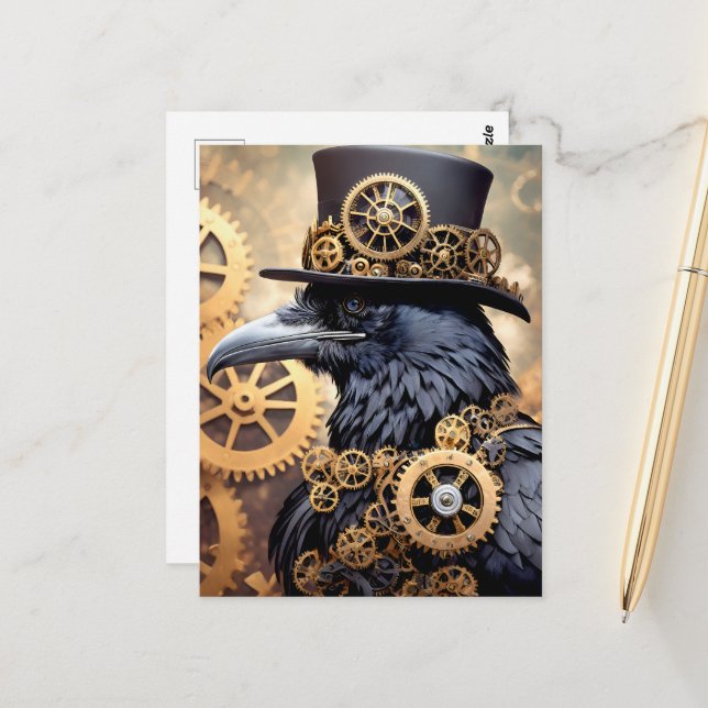 Postal Raven Steampunk Gears Art (Anverso/Reverso In Situ)