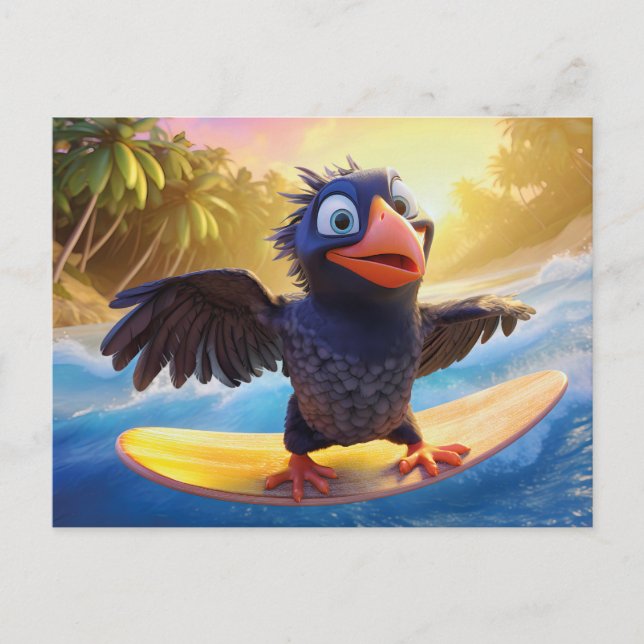 Postal Raven Surfing In Tropical Paradise With Palm Trees (Anverso)