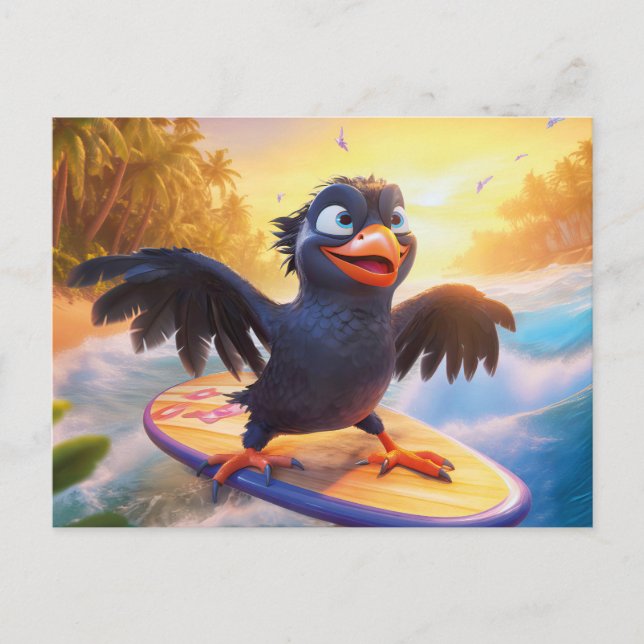 Postal Raven Surfing On Tropical Beach With Wings Spread (Anverso)