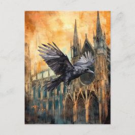 Postal Raven volador y catedral gótica medieval
