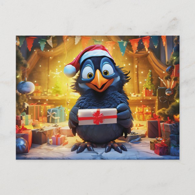 Postal Raven With Santa Hat And Gift In Festive Scene (Anverso)
