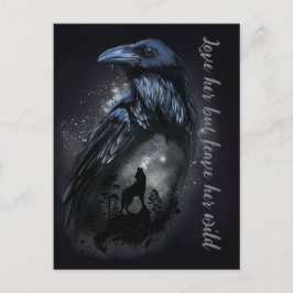 Postal Raven y lobo que aullan en la luna