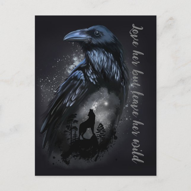 Postal Raven y lobo que aullan en la luna (Anverso)