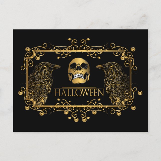 Postal Ravens Skull de Halloween de Oro (Anverso)