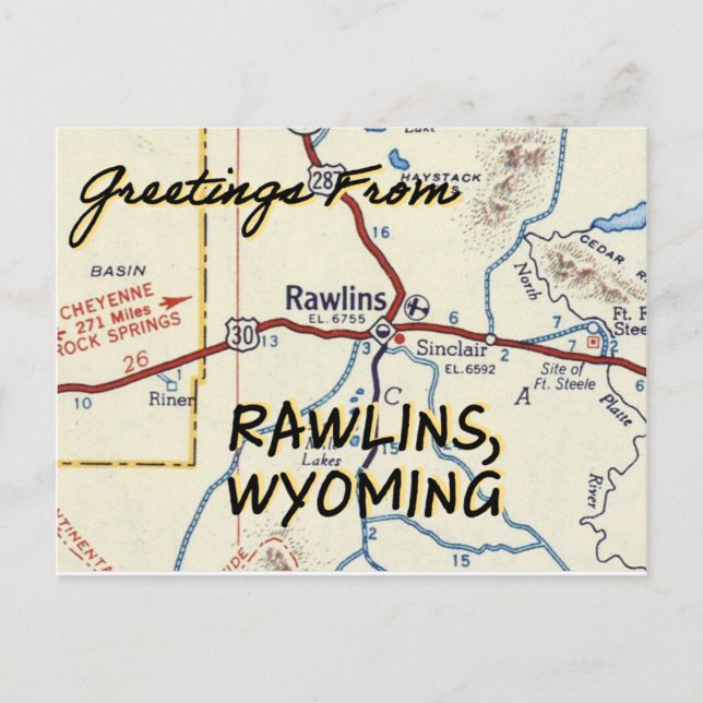 Postal Rawlins WY Vintage Map (Anverso)
