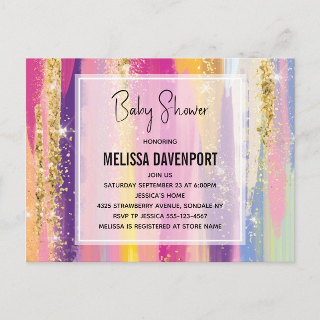 Postal Rayas arcoiris con Baby Shower falso Purpurina (Anverso)