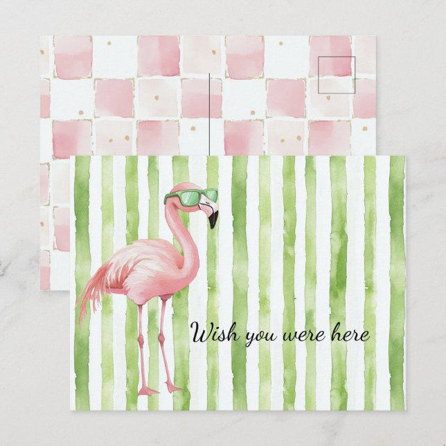 Postal Rayas Blancas Verdes Flamingo Rosa Playa   (Anverso / Reverso)