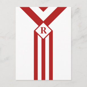 Postal Rayas rojas y cheurones con monograma sobre blanco