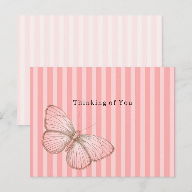 Postal Rayas rosadas con mariposa Pensando en ti (Anverso / Reverso)