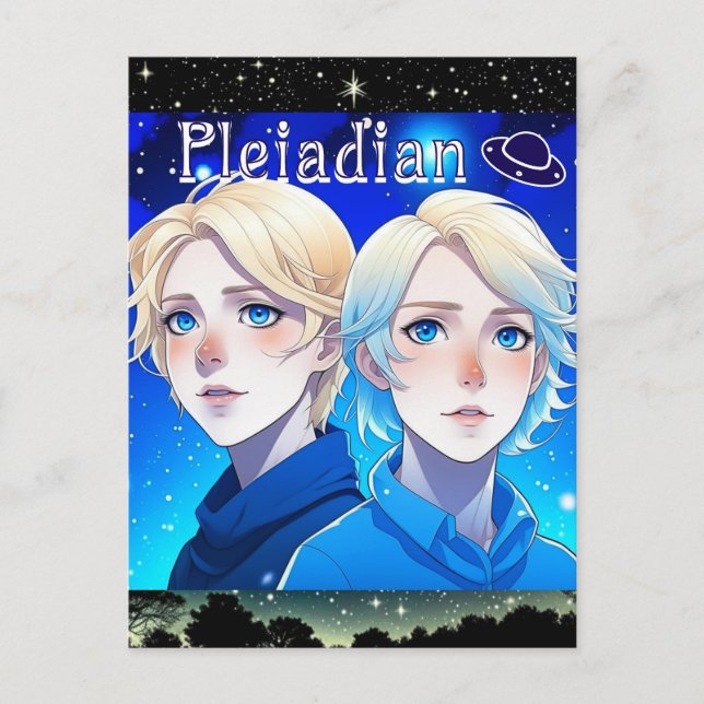 Postal Raza de alienígenas pleiadianos con estrellas y ov (Anverso)