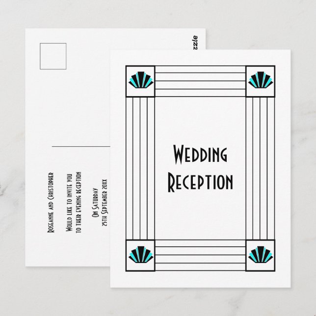 Postal Recepción de boda de diseño Art Deco Azul (Anverso / Reverso)