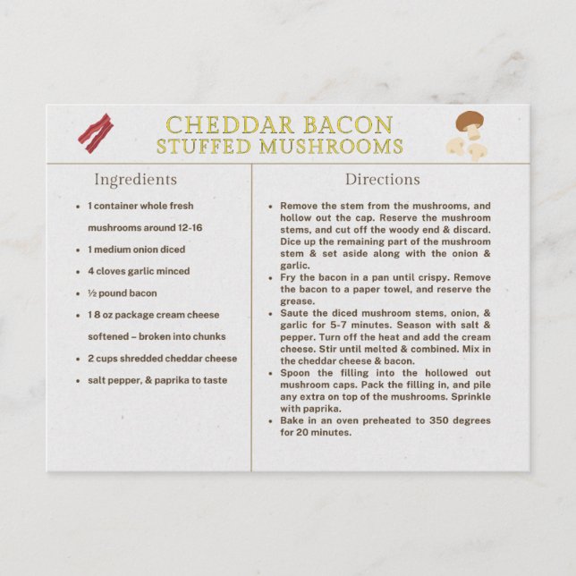 Postal Receta de champiñones rellenos con queso cheddar y (Anverso)