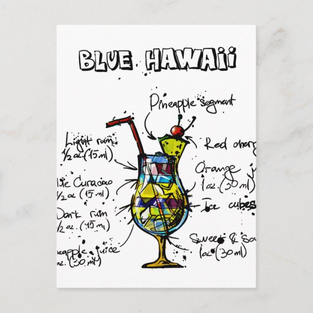Postal Receta de cóctel de Hawaii Azul (Anverso)