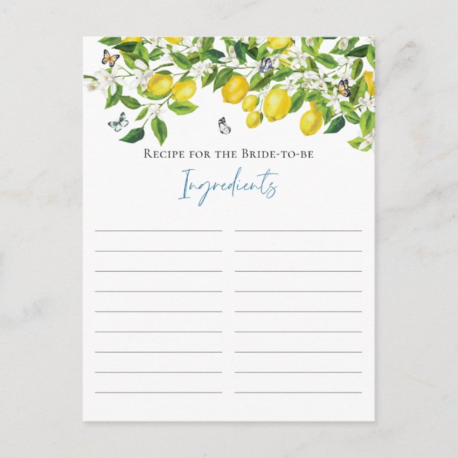 Postal Receta De Ducha Lemon Lemon De Verano Para Novia (Anverso)