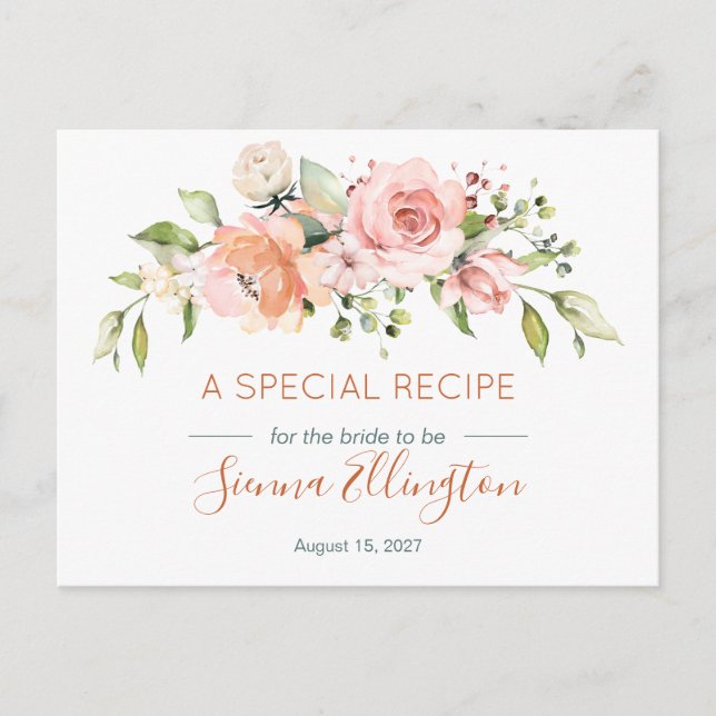 Postal Receta de ducha nupcial de flores de melocotón y f (Anverso)