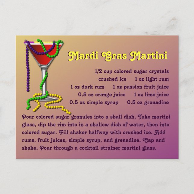 Postal Receta de Mardi Gras Martini (Anverso)