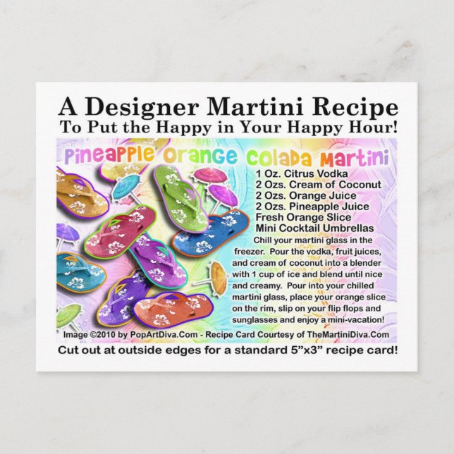 Postal Receta de Martini Tropical Colada, Naranja de piña (Anverso)