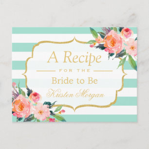 Postal Receta de Té de Boda Floral con Rayas Verde Menta