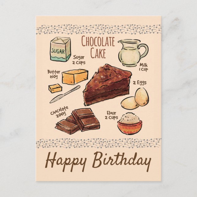 Postal Receta de Torta de Chocolate Cumpleaños (Anverso)