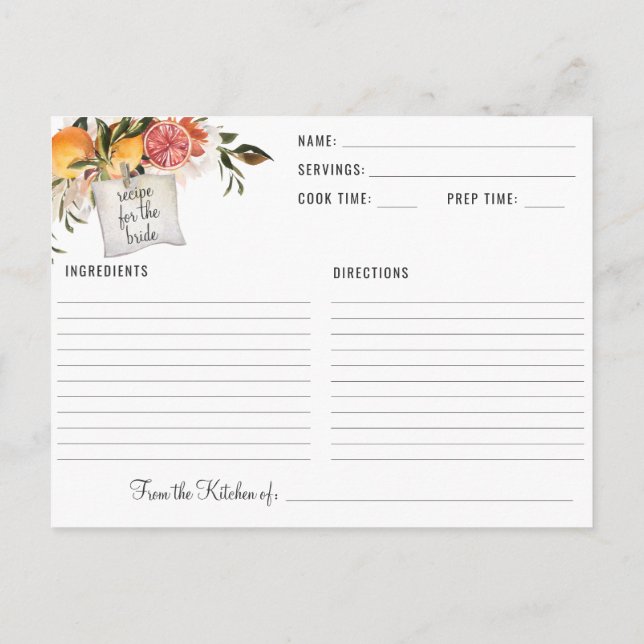 Postal Receta elegante Citrus Botanical Bridal Shower (Reverso)