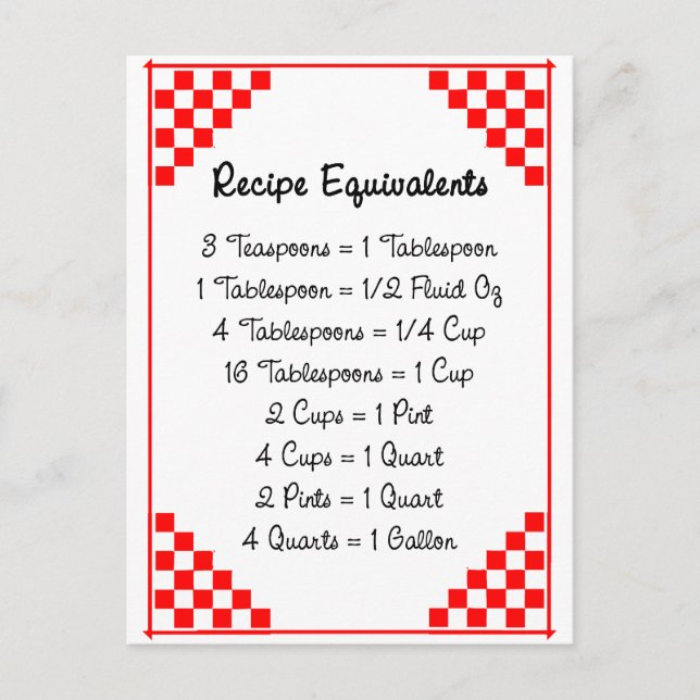 Postal Receta Equivalente Mediciones de Cocina Postcard (Anverso)
