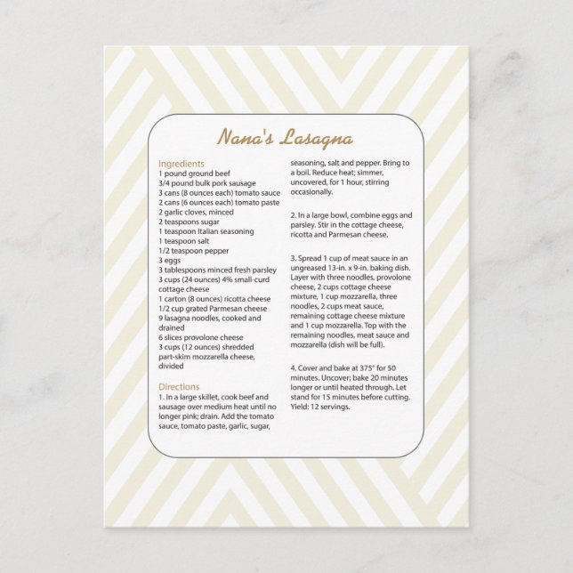 Postal Receta favorita familiar Chevron - Lasagna (Anverso)