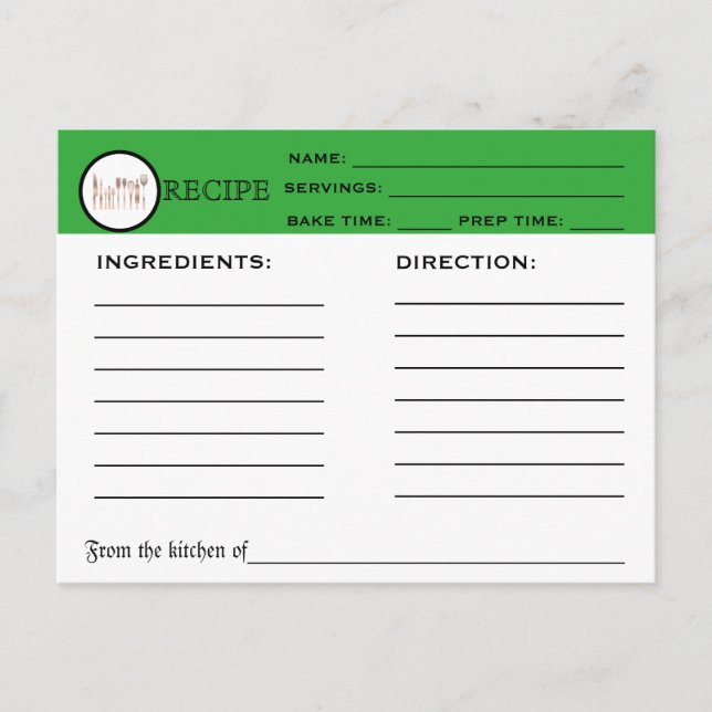 Postal Receta Retro Green Chef Card Kitchen Herramientas  (Anverso)