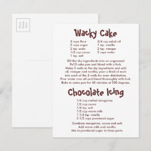 Postal Recetas de Torta Loca y Glaseado de Chocolate