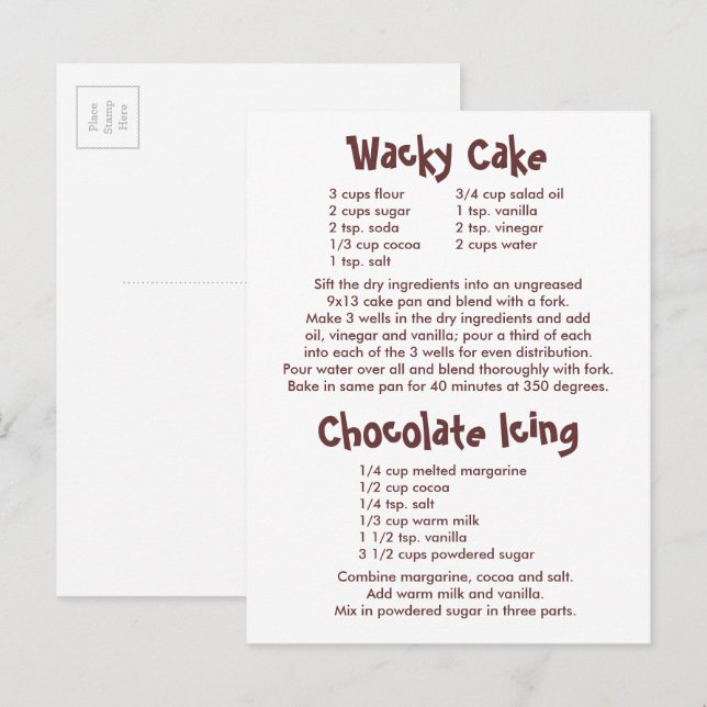 Postal Recetas de Torta Loca y Glaseado de Chocolate (Anverso / Reverso)