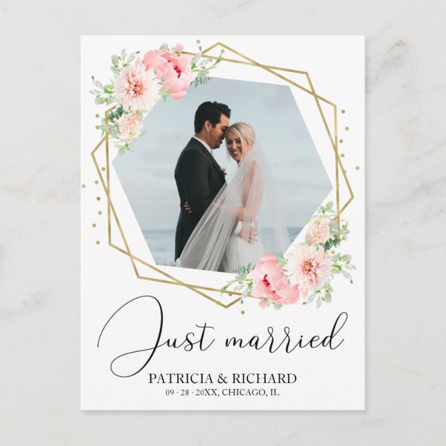 Postal Recién Casados Elegante Floral Anuncio de Huida (Anverso)