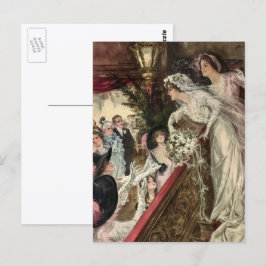 Postal Recién casados vintage, novia victoriana lanzando