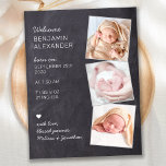 Postal Recién nacido 3 Anuncio de nacimiento de tablero d<br><div class="desc">Anuncie su recién nacido a amigos y familiares con estas rústicas tarjetas de anuncios de pizarra de pizarra, divertidas y modernas fotos. Personalizar con 3 de tus fotos favoritas, y personaliza con nombre, fecha de nacimiento, estadísticas de nacimiento. DERECHOS RESERVADOS © 2020 Judy Burrows, Black Dog Art - Todos los...</div>