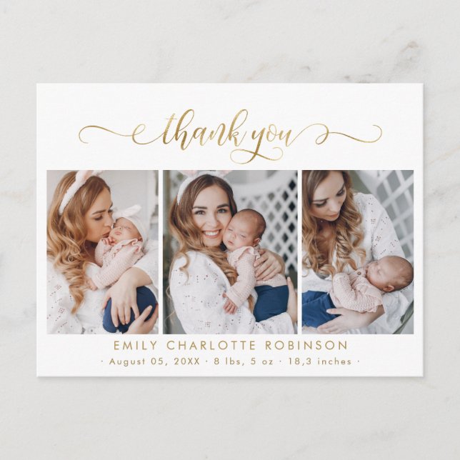 Postal Recién Nacido Collage de fotos Guión Oro Moderno G (Anverso)