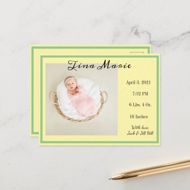 Postal Recién nacido Nacimiento Anuncio Foto Amarilla (Anverso/Reverso In Situ)
